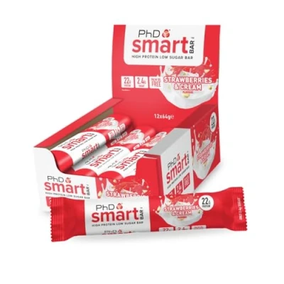 Image of PhD Nutrition Smart Protein Bar Low Calorie, Nutritional Bars/Protein Snacks, High Sugar, Strawberries and Cream Flavour, 20g of Protein, 64g (12 Pack)