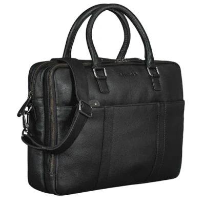 Image of STILORD &#039;Drake&#039; Vintage Business Shoulder Bag Leather Classic Briefcase for Men Women Large Laptop in Genuine Trolley Attachable, Colour:Black