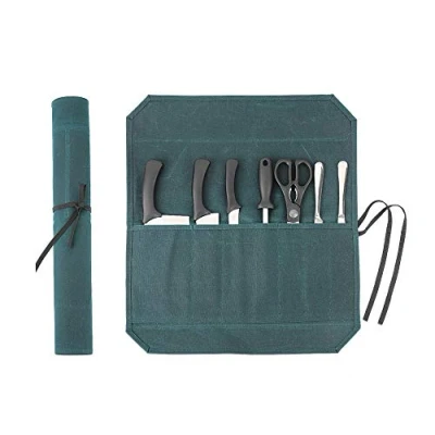 Image of Denifiter Heavy Duty Waxed Canvas Chef Knife Storage Roll Bag with 7 Slots, Waterproof and Durable (Dark Green)