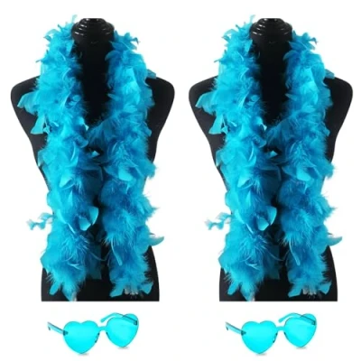 Image of db11 2 Pcs Feather Boas with Heart Rimless Sunglasses，4 ft Boa Halloween Christmas Bachelor Party Pack Accessory (Lake Blue)