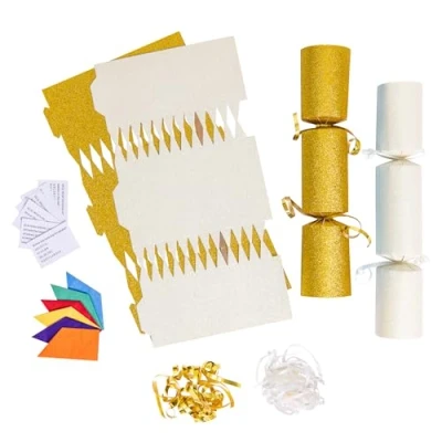 Image of evelay 12 Make Your Own Christmas Cracker Kit DIY Cream &amp; Gold Glitter Crackers Hats Snaps Jokes (Cream, Gold)