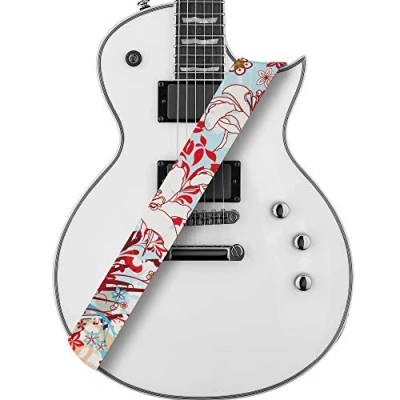 Image of Amumu Guitar Strap White Lily Flower Light Blue Polyester Cotton for Acoustic, Electric, and Bass Guitars with Blocks &amp; Headstock Tie 2&quot; Wide