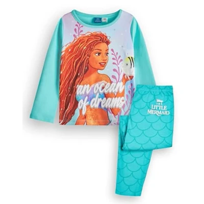 Image of Disney The Little Mermaid Girls Pyjama Set Kids Princess Long Sleeve Leg Graphic PJs in Blue An Ocean of Dreams Glitter Print with Tail Bottoms Movie Film Merchandise Gift