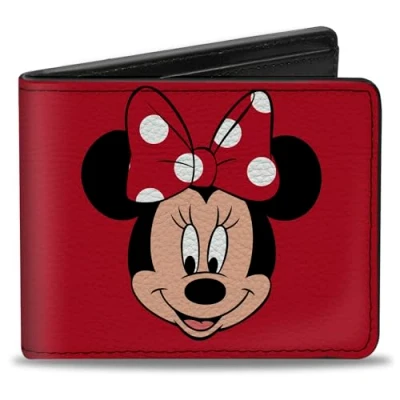 Image of Buckle Down Men&#039;s Minnie Mouse Face + Script Polka Dots Red/White Bi Fold Wallet, Multicolor, Default Size