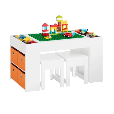 Image of Children Table and 2 Stools Set for Building Blocks with Double Sided Tabletop 8 Storage Boxes,KMB75 W Sobuy