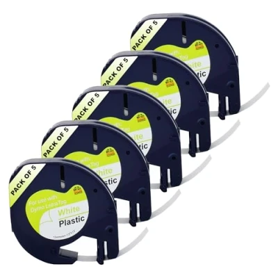 Image of Double Dragon, 5 x Compatible Dymo Letratag Plastic White Label Tape for 91201 S0721610 S0721660, Refills LT 100H 100T 110T QX50 XR XM 200B 2000 Plus, Black on White, 12mm 4m