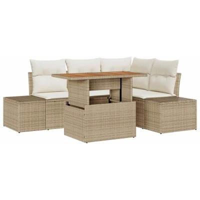 Image of vidaXL 5 Piece Garden Dining Set with Cushions Beige Poly Rattan Acacia