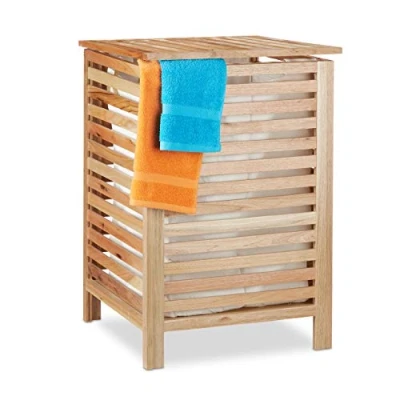 Image of Relaxdays Washing Basket, with Lid, Laundry Hamper, Walnut Wood, 52L Volume, Storage, HxWxD: 65.5 x 45 cm, Natural