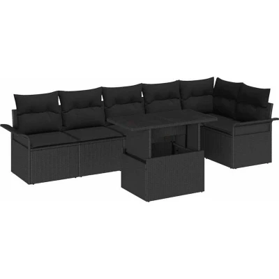 Image of vidaXL 7 Piece Garden Sofa Set with Cushions Black Poly Rattan