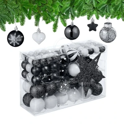 Image of Relaxdays Christmas Baubles Set of 101, Glittering, Tree Decorations, Spheres &amp; Spikes, Plastic, Traditional, Black, 19 x 20 2.5 cm