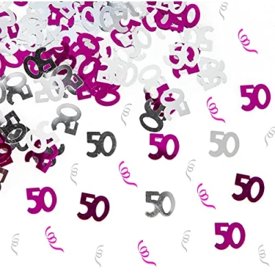 Image of SHATCHI 28g Pink &amp; Silver 50th Birthday Confetti Foil Metallic Glitz Table Scatter Sprinkles Age Bday Party Decorations, 12mm