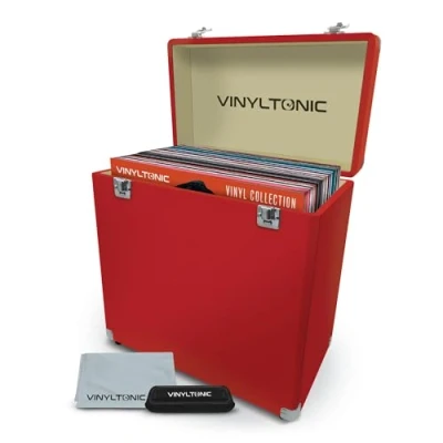 Image of Vinyl TONIC 12&quot; LP Storage Case PU Leather Fully Lined Interior Reinforced Steel Corners Cleaning Kit Included (Red)