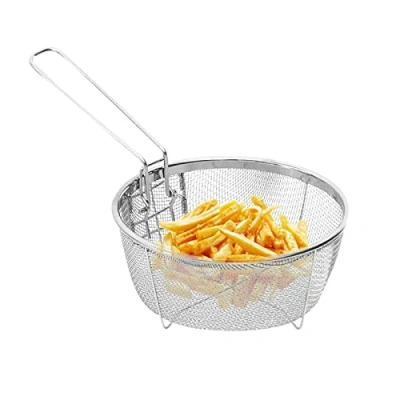 Image of Round Fryer Basket with Handle, Wire Strainer for Frying, Stainless Net Kitchen Cooking Tool, Fried Ideal Chips, Fries, Shrimps, Wedges