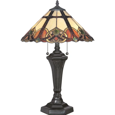 Image of Cambridge 2 Light Table Lamp Vintage Bronze, Tiffany Glass, E27