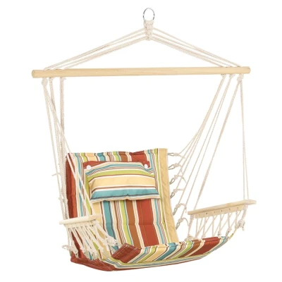 Image of Outsunny Hanging Hammock Chair Swing Thick Rope Frame Safe Wide Seat Indoor Outdoor Home, Patio, Yard, Garde Spot Stylish Multi Color Stripe