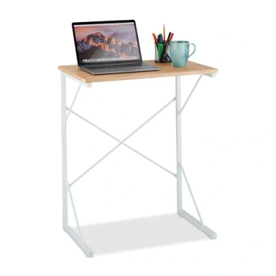 Image of Relaxdays Laptop Desk, Compact Computer Table, Home Office, Small, HxWxD: 75 x 60 40 cm, MDF &amp; Metal, White, Iron
