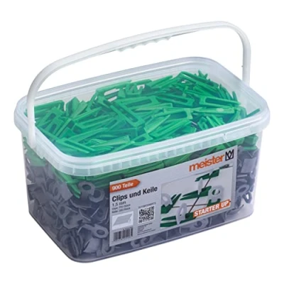 Image of Meister Starter 4427800 Levelling System for Tiles 900 Pieces 1.5 mm Thickness Tile 7 15 700 Clips &amp; 200 Spacers/Tile Aid/Laying Aid with Wedges