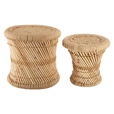 Image of Atmosphera Set of 2 Nesting Coffee Tables in Rope and Bamboo Nomadic Style Wood Colour