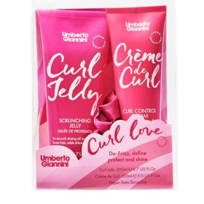 Image of Umberto Giannini Curl Love Gift Set, Limited Edition Christmas Set for Defined, Bouncy Waves, Curls and Coils Jelly​ (200ml), Crème de Curl​ (150ml) &amp; Pink XXL Scrunchie