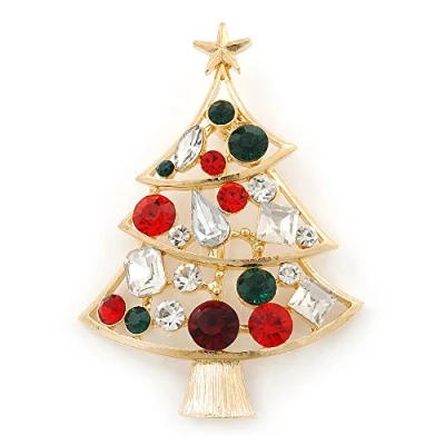Image of Avalaya Holly Jolly Red, Green, Clear Austrian Crystals Christmas Tree Brooch in Gold Plating 65mm Length