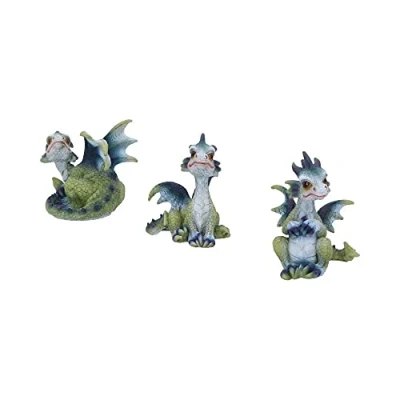 Image of Nemesis Now Triple Trouble Dragon Figurines 15.5cm (Set of 3), Green/Purple, Light Green Figurines, Beautiful Wide Eyed Expressions, Cast in Resin, Expertly Hand Painted