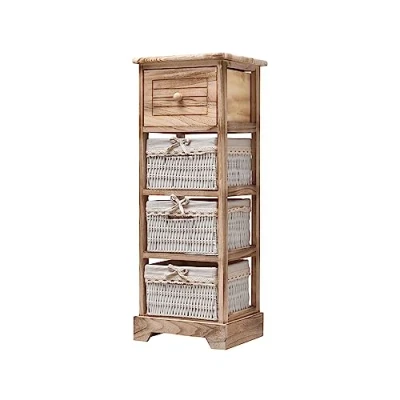 Image of Rebecca Mobili Chest of Drawers Cabinet Bathroom 1 Drawer 3 Baskets Wooden Wicker Brown Light Country Kitchen Home Decor 81 x 30 27 cm (H W D) Art. RE6106