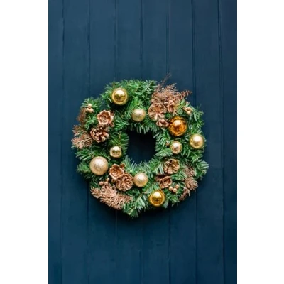 Image of Marco Paul Artificial Luxury Christmas Wreath Hanging Door Decoration Indoor Outdoor Snow Frosted Baubles Berries Home Decor Durable Traditional Decorations (30cm Gold)