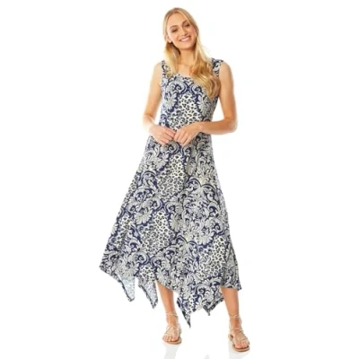 Image of Roman Originals Hanky Hem Swing Dress with Pockets for Women UK Ladies Asymmetric Hemline Stretch Jersey 3/4 Sleeve Winter Smart Casual Work Office Knee Length Tunics Blue Size 10