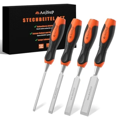 Image of AojSup Wood Chisel Set, 4 Piece Woodworking Carving Chisels (6mm, 12mm,19mm, 25mm), Sharp Bevel Edge with Non Slip Handle, Perfect for Woodworking, and Sculpting