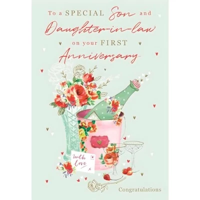 Image of Son and Daughter in Law 1st Anniversary Card First Champagne Bucket Flowers Special Finishes Illustrated Insert Leaf Made the UK