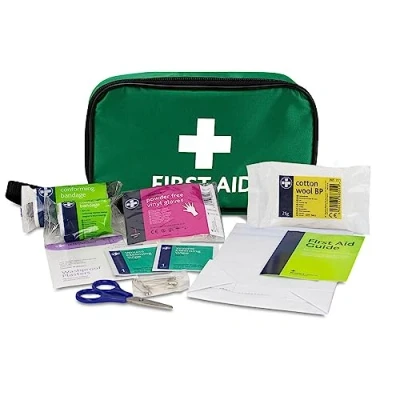 Image of Reliance Medical (REL416) Handy Travel First Aid Kit, Pouch With, Bandages, Cotton Wool Balls, Gloves, Plasters, Safety Pins, Scissors, Slick Bag And Cleansing Wipes (Green)