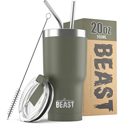 Image of Beast Tumbler 550 ml (20 oz), Army Green Reusable Stainless Steel, Vacuum Insulated Cup with + 2 Straws &amp; Cleaning Brush Double Wall Travel Flask Perfect for Hot or Iced Coffee BPA Free