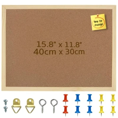Image of OWLKELA 40X30cm Thicken Cork Board, Notice Pin Memo with 10 Pushpins and Hanging Rings Vision Bulletin Board for Office, Classroom or Home Classic Wooden Frame