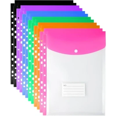 Image of 12 Pack Plastic Wallets A4 Punched Pockets, 11 Holes Expandable Folders Pocket Document Wallet, Large Capacity Colourful File Pockets with Snap Button and Label