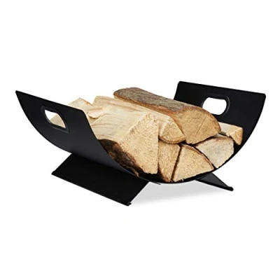 Image of Relaxdays Firewood Holder, Metal Wood Basket, Modern, Indoor Log Storage Rack, Large, HxWxD: 18.5 x 40.5 33 cm, Black