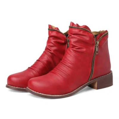 Image of Women&#039;s Low Chunky Heel Booties,Comfy Round Toe Side Zipper Winter Ankle Boots,Vintage Leather Casual Dressy Shoes,Red,7 UK