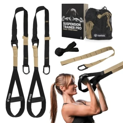 Image of THYSOL® Suspension Trainer Pro Xtreme Straps Sling Set with Adjustable Door Anchor Fitness Home Workouts Suitable for Travelling &amp; Training Indoor Outdoor (Beige)