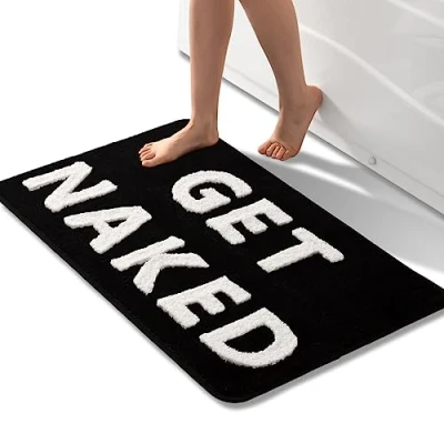 Image of QJHOMO Get Naked Bath Mat Black and White Bathroom Mats 60 x 90 cm, Non Slip for Bathroom, Colourful Letters Soft Microfiber mat, Machine Washable Rug
