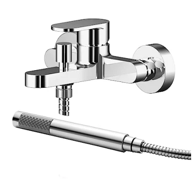 Image of nuie BIN316 Binsey Modern Bathroom Round Wall Mount Bath Filler Tap with Lever Handles and Shower Kit, 77mm, Chrome