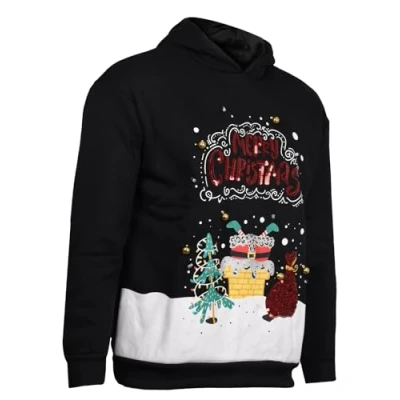 Image of True Face Christmas Hoodie Mens Funny Novelty Pullover Hoody 3D Printed Ladies Xmas Light Up Jumper Lightening LED Lights Long Sleeve Women Sweatshirt Pull Over Lighting Adult Hooded Top Black XS