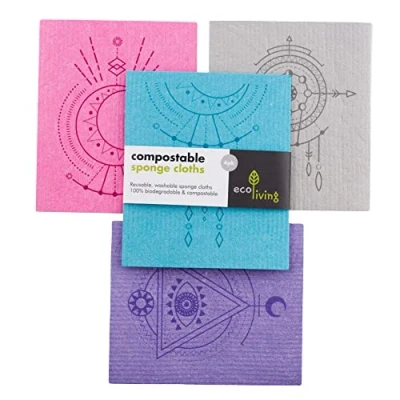 Image of ecoLiving Compostable Sponge Cleaning Cloths Dishcloth Eco Friendly &amp; Sustainable Biodegradable Cellulose Kitchen Cloth (Spiritual)