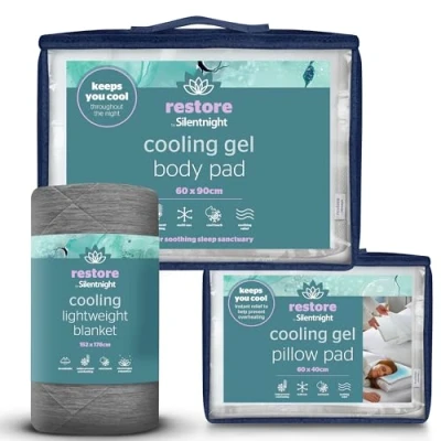 Image of Silentnight Restore Cooling Lightweight Blanket, Pillow &amp; Mattress Gel Pad Prevent Overheating Breathable Cool Feeling for Night Sweats Hot Flushes Menopause Summer Set Bed Sofa Car