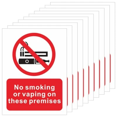 Image of 10 PCS No Smoking or Vaping Signs, (100mm x 75mm) on these Premises PVC Stickers for Vehicles, Self Adhesive Safety Signs Warning Pedestrians and Visitors
