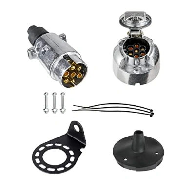Image of BEIJISTAR 7 Pin Trailer Metal Plug Socket Kit with Rubber Gasket and Mounting Bracket, 12V Waterproof Connector, for Truck RV Cars Boat (Aluminium Alloy)