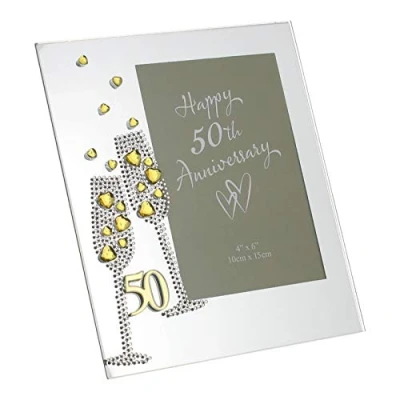 Image of Diamante Champagne Glasses Golden 50th Wedding Anniversary Glass Photo Frame 4&quot; x 6&quot; WG45450