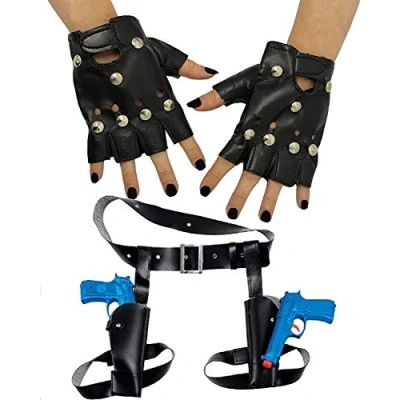 Image of Silver Fancy Dress Adult Temple Hunter Costume Thigh Twin Guns, Holster and Studded Punk Gloves Lara Croft Tomb Raider Party Outfit Set
