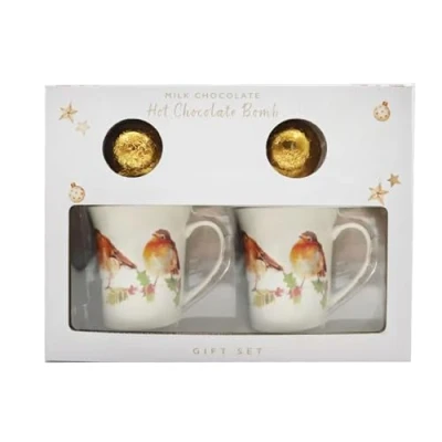 Image of Lesser &amp; Pavey Christmas Winter Robins Set of 2 Mugs with Hot Chocolate Bombs Gift Idea for Xmas Robin Themed Mug, UK Design, Drinks, Tea Coffee Drinkware Mug