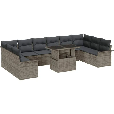 Image of vidaXL 11 Piece Garden Sofa Set with Cushions Grey Poly Rattan