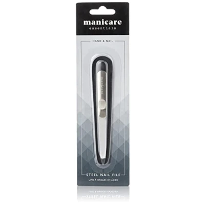 Image of Manicare Steel Nail File, Strong Double Sided Emery Board, Heavy Duty Stainless Steel, For Fingernails And Toenails, Cuticle Pusher, Professional Salon, Home or Travel, Includes Storage Pouch