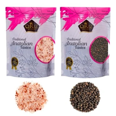Image of Cerez Pazari Whole Black Peppercorns 250g, Himalayan Pink Salt (Coarse Grain) 650g, Premium Quality, Freshly Packed For Grinder Refill, Resealable Bulk Bag, Non GMO and Gluten Free